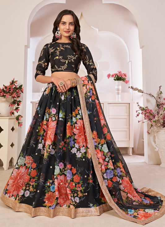 Black Georgette Printed Lehenga Choli