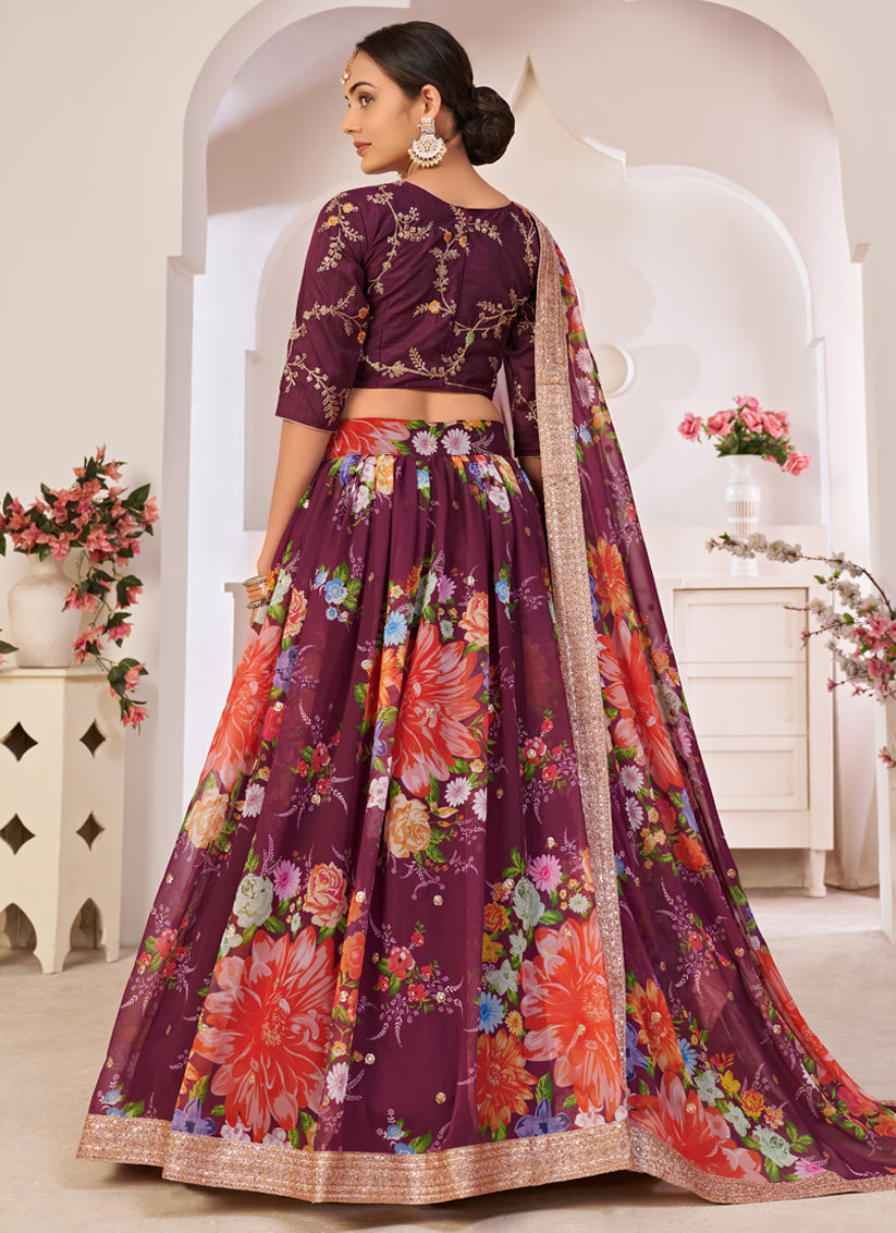 Burgundy Georgette Printed Lehenga Choli