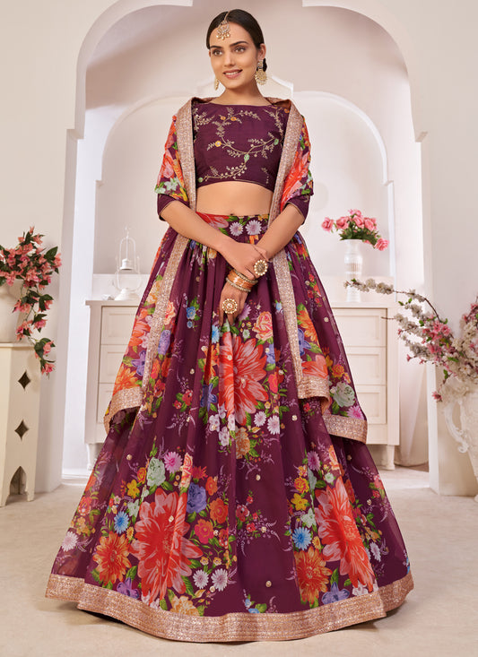 Burgundy Georgette Printed Lehenga Choli