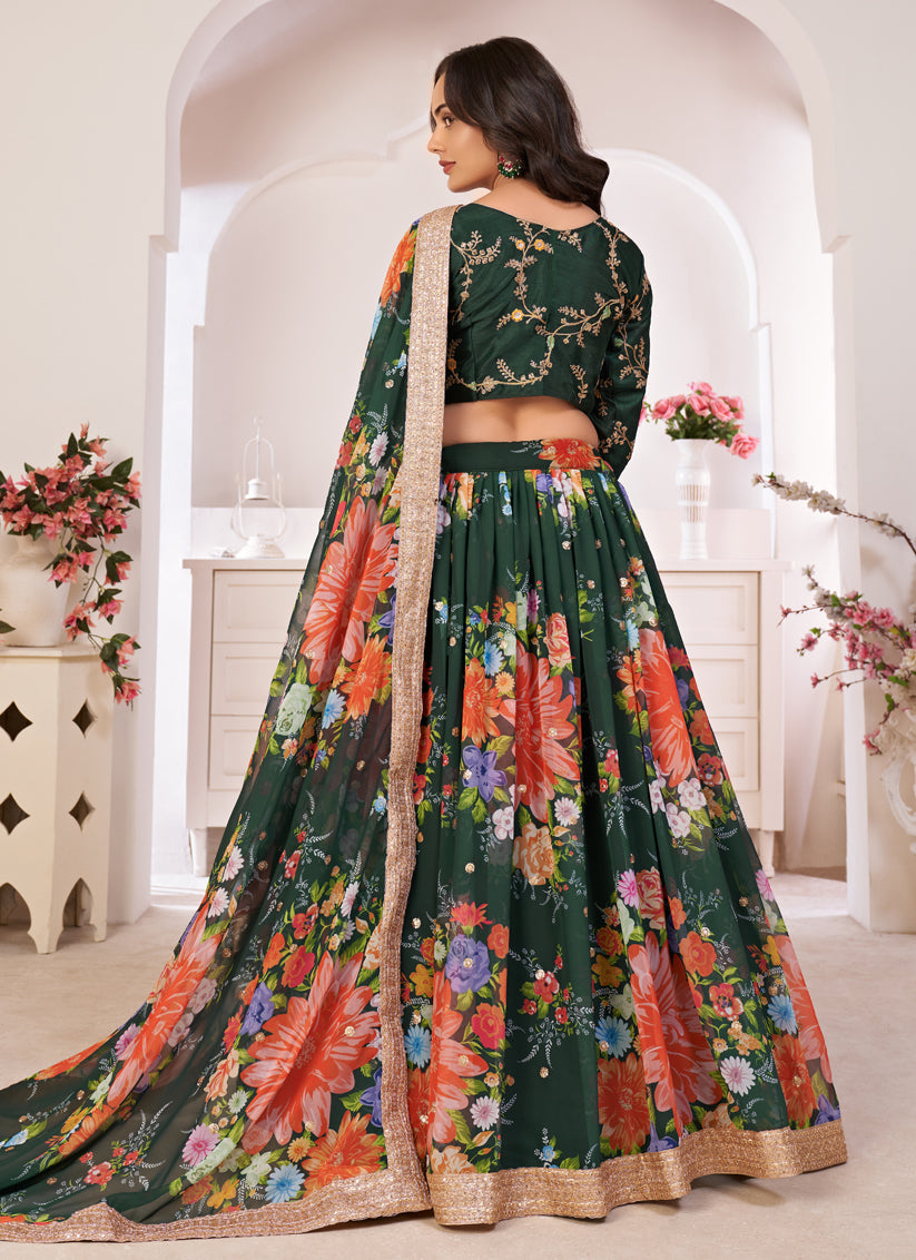 Green Georgette Printed Lehenga Choli