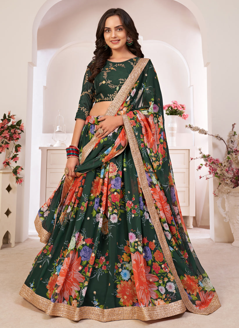 Green Georgette Printed Lehenga Choli