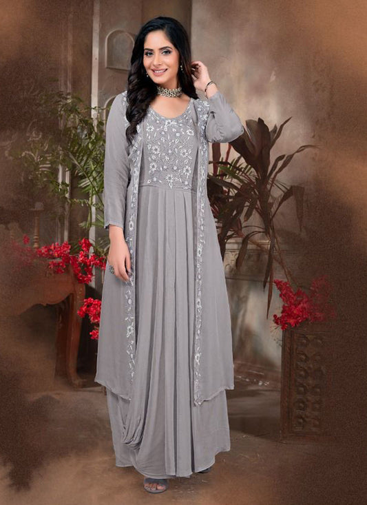 Grey Viscose Georgette Hand Work Ready Made Gown Stlye Koti