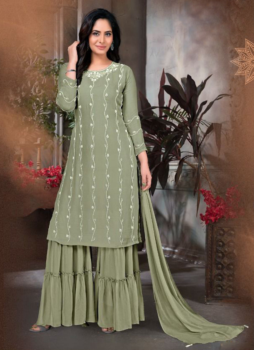 Green Viscose Georgette Hand Work Ready Made Gharara Kameez