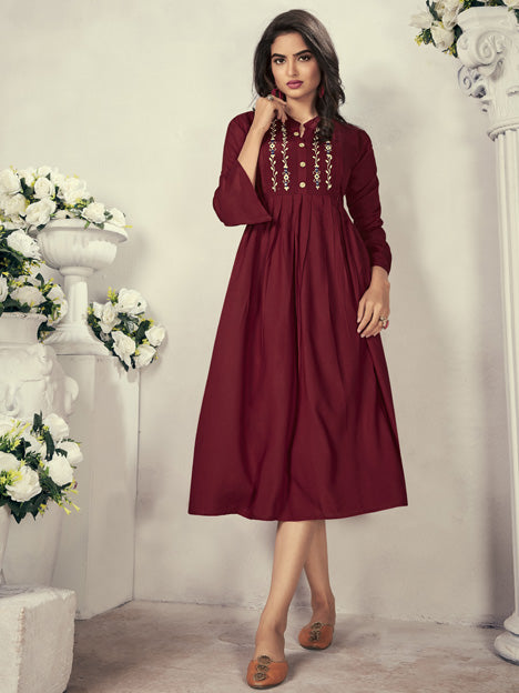 Maroon Rayon Embroidered Kurti