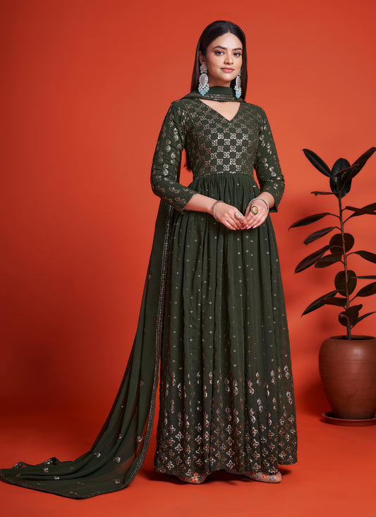 Military Green Georgette Embroidered Anarkali Gown with Dupatta