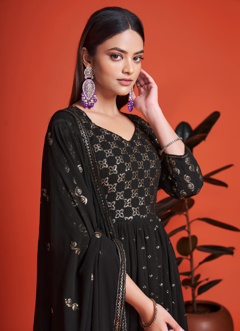 Black Georgette Embroidered Anarkali Gown with Dupatta