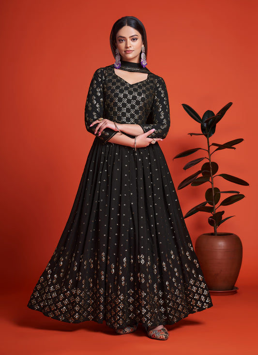 Black Georgette Embroidered Anarkali Gown with Dupatta