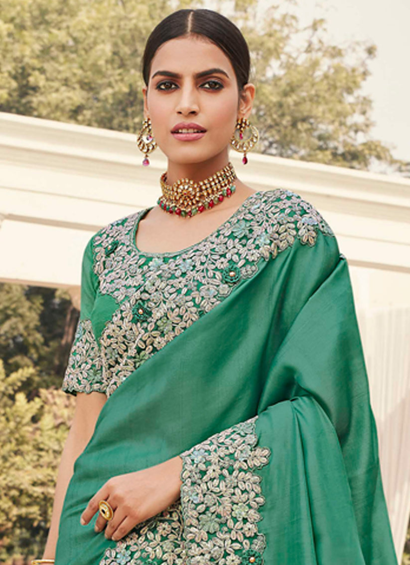 Aqua Green Silk Embroidered Designer Saree