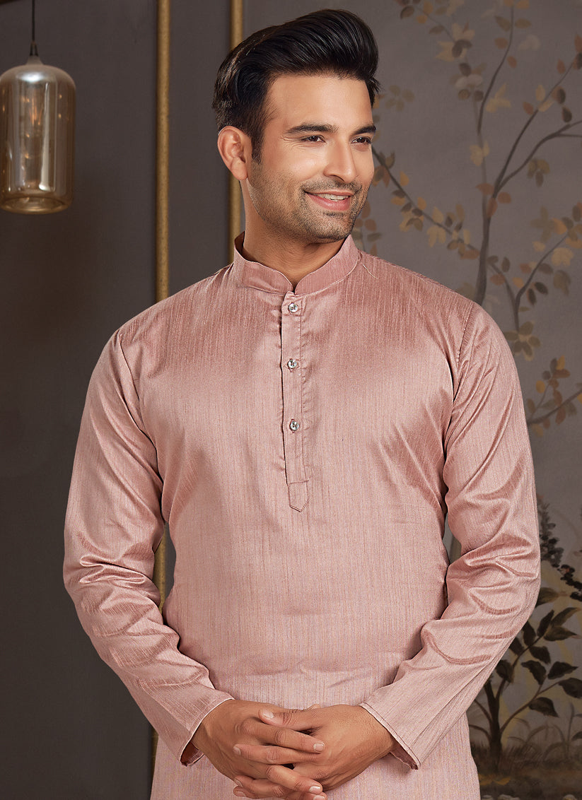 Peach Silk Mens Kurta Pyjama Set