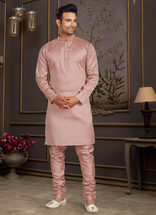 Peach Silk Mens Kurta Pyjama Set