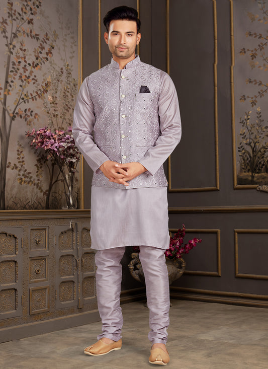Lavender Silk Mens Kurta Set with Jacket