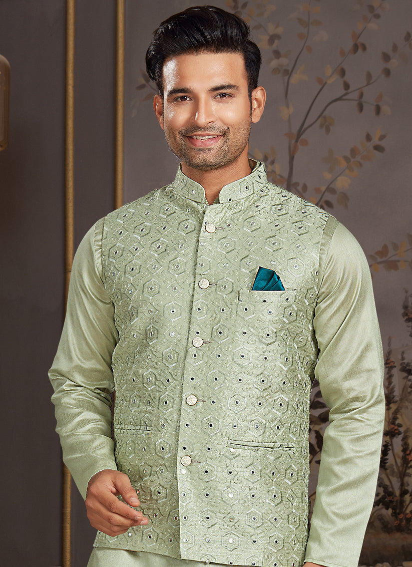 Green Silk Mens Kurta Set with Jacket