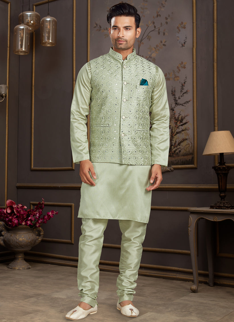 Green Silk Mens Kurta Set with Jacket