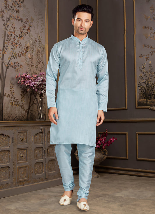 Sky Blue Silk Mens Kurta Pyjama Set