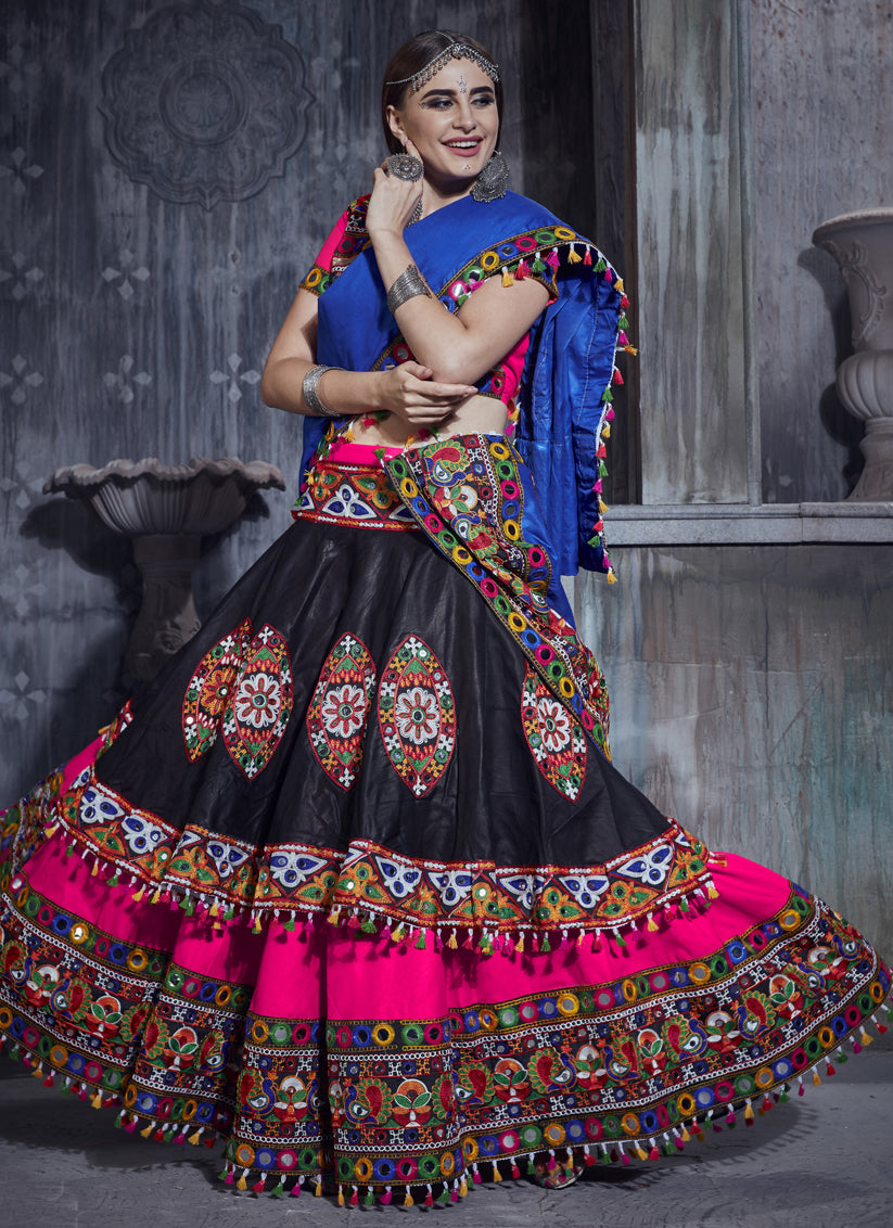 Black and Hot Pink Cotton Gamthi Work Navaratri Specials Chaniya Choli