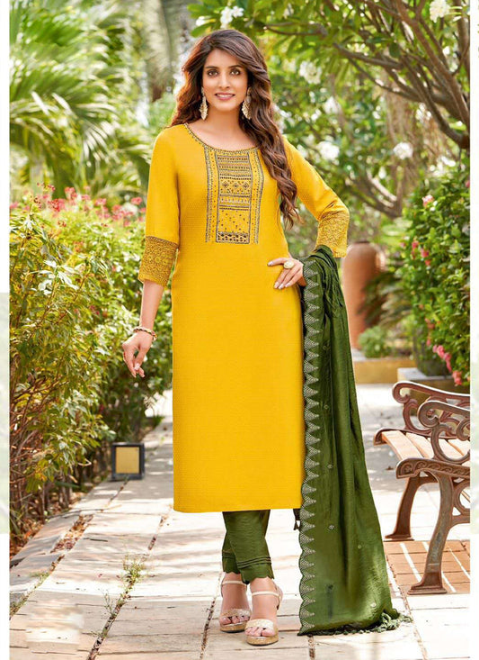 Yellow Rayon Embroidered Ready Made Party Wear Pant Kameez Set