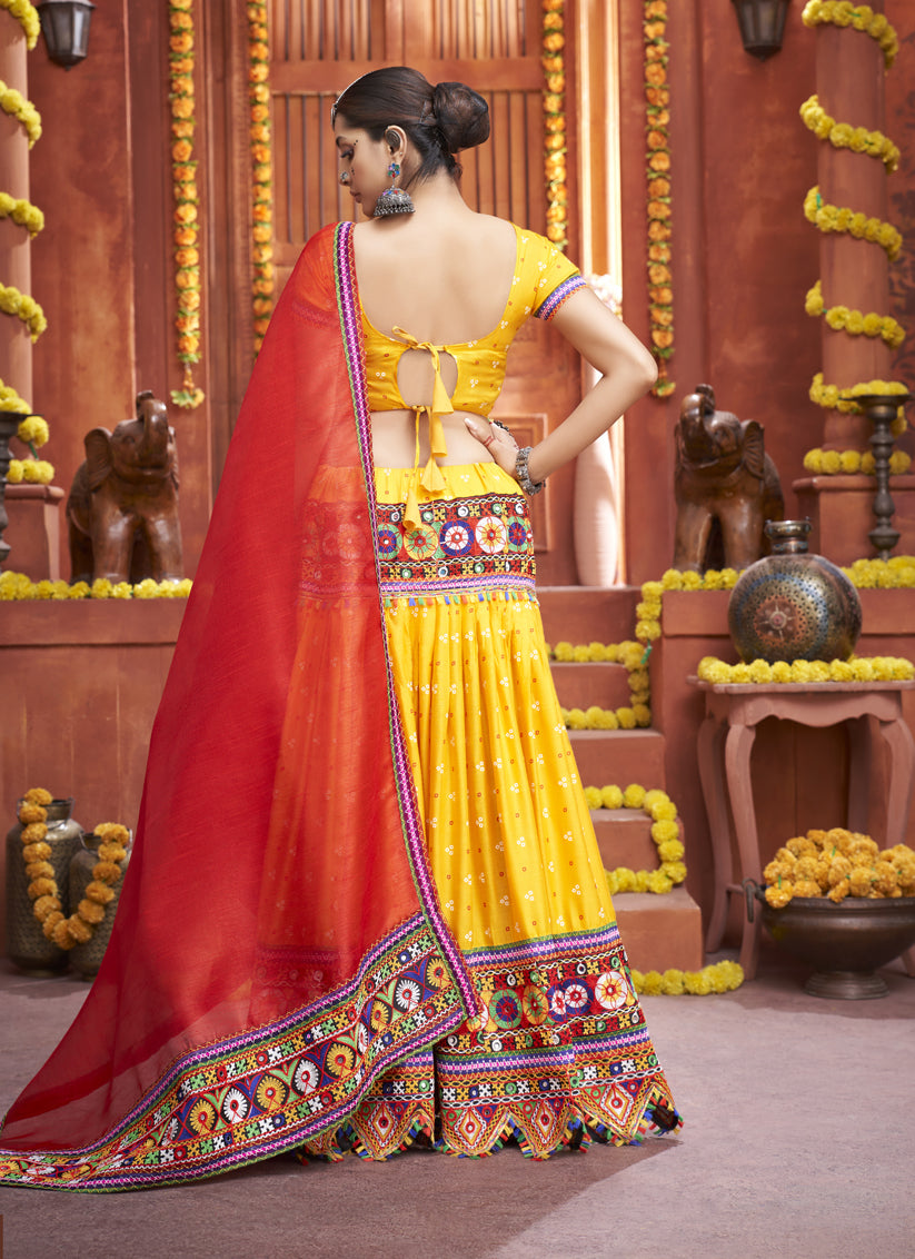 Golden Yellow Cotton Silk Gamthi Work Chaniya Choli