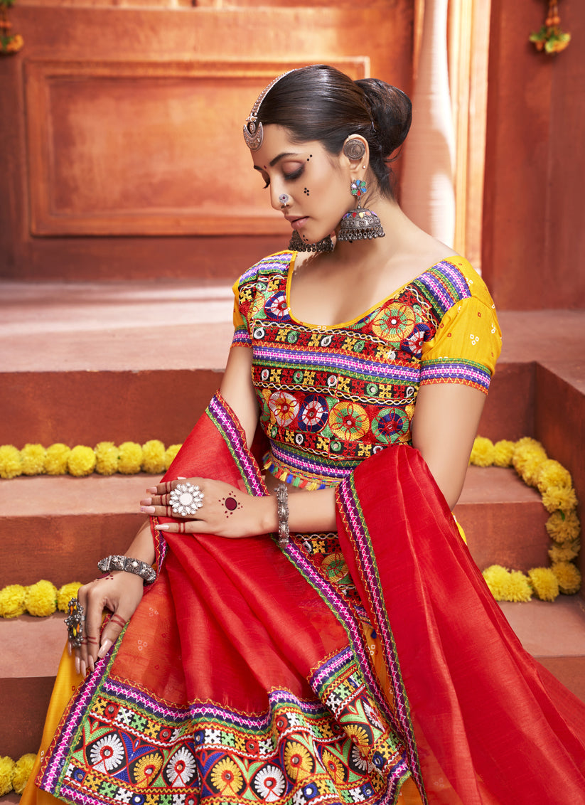 Golden Yellow Cotton Silk Gamthi Work Chaniya Choli