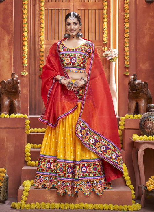 Golden Yellow Cotton Silk Gamthi Work Chaniya Choli