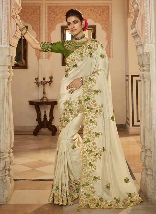 Ivory Viscose Embroidered Wedding Saree