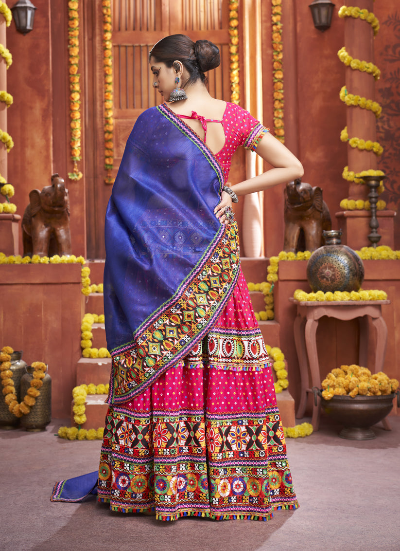 Hot Pink Cotton Silk Gamthi Work Chaniya Choli