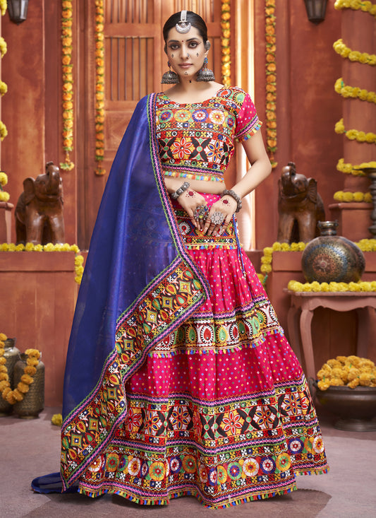 Hot Pink Cotton Silk Gamthi Work Chaniya Choli