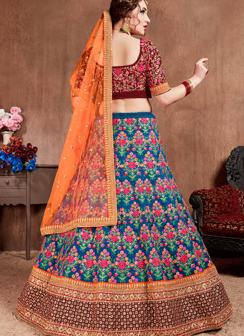 Navy Blue Mulberry Silk Wedding Lehenga Choli