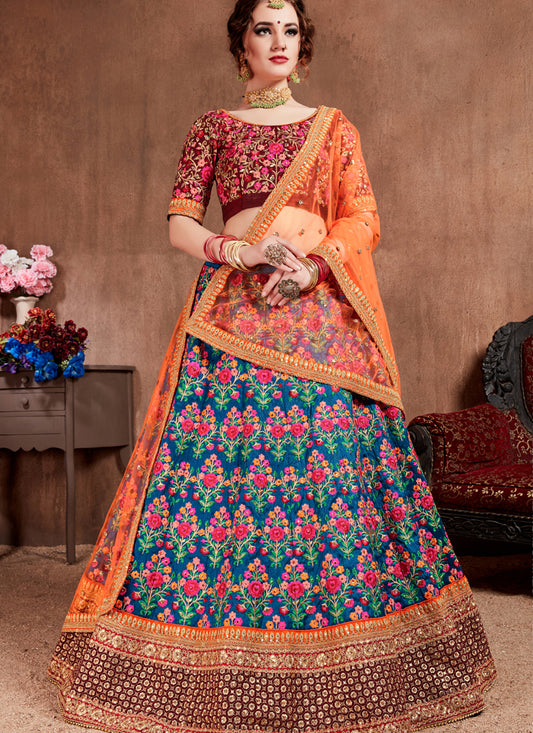 Navy Blue Mulberry Silk Wedding Lehenga Choli