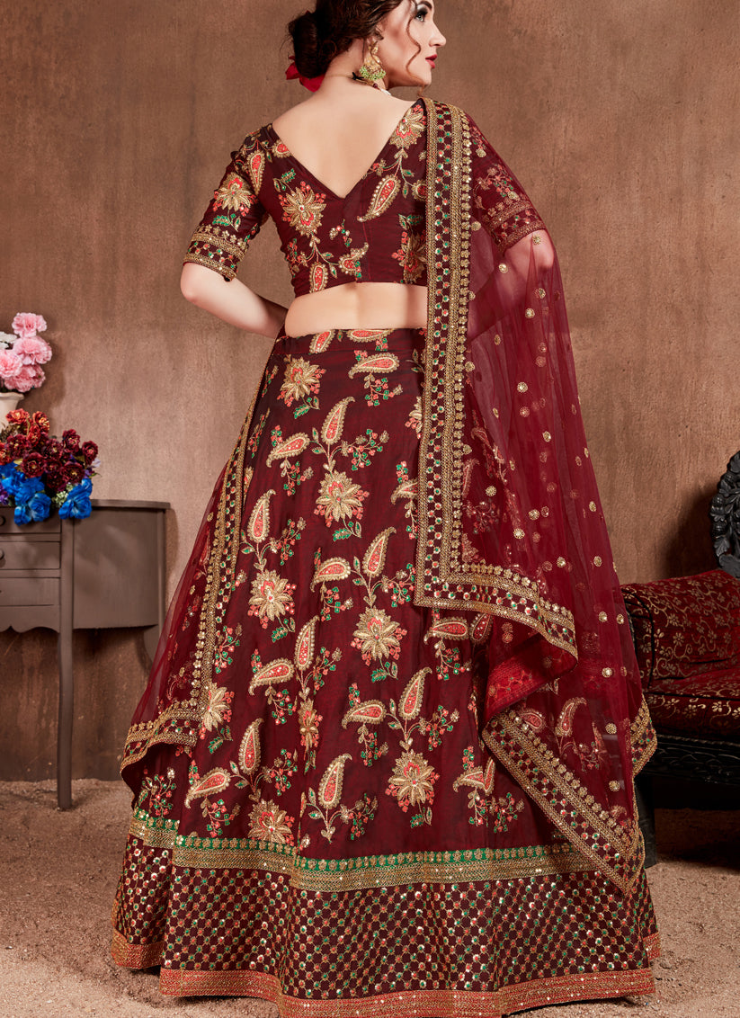 Dark Maroon Taffeta Silk Bridal Lehenga Choli