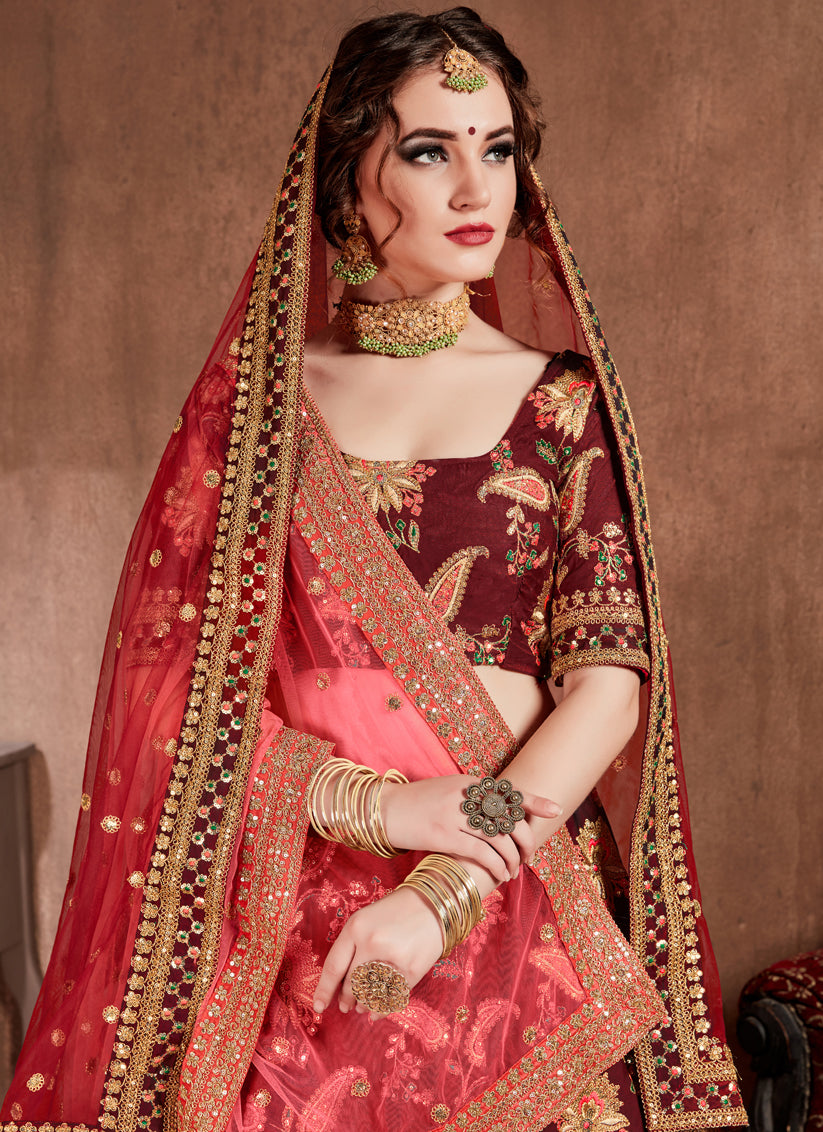 Dark Maroon Taffeta Silk Bridal Lehenga Choli