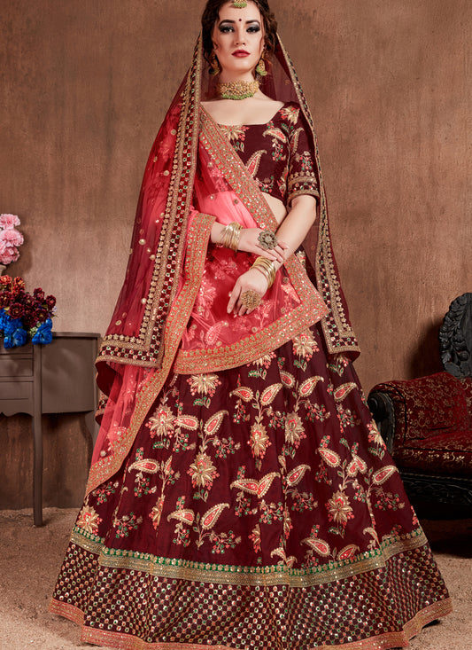 Dark Maroon Taffeta Silk Bridal Lehenga Choli