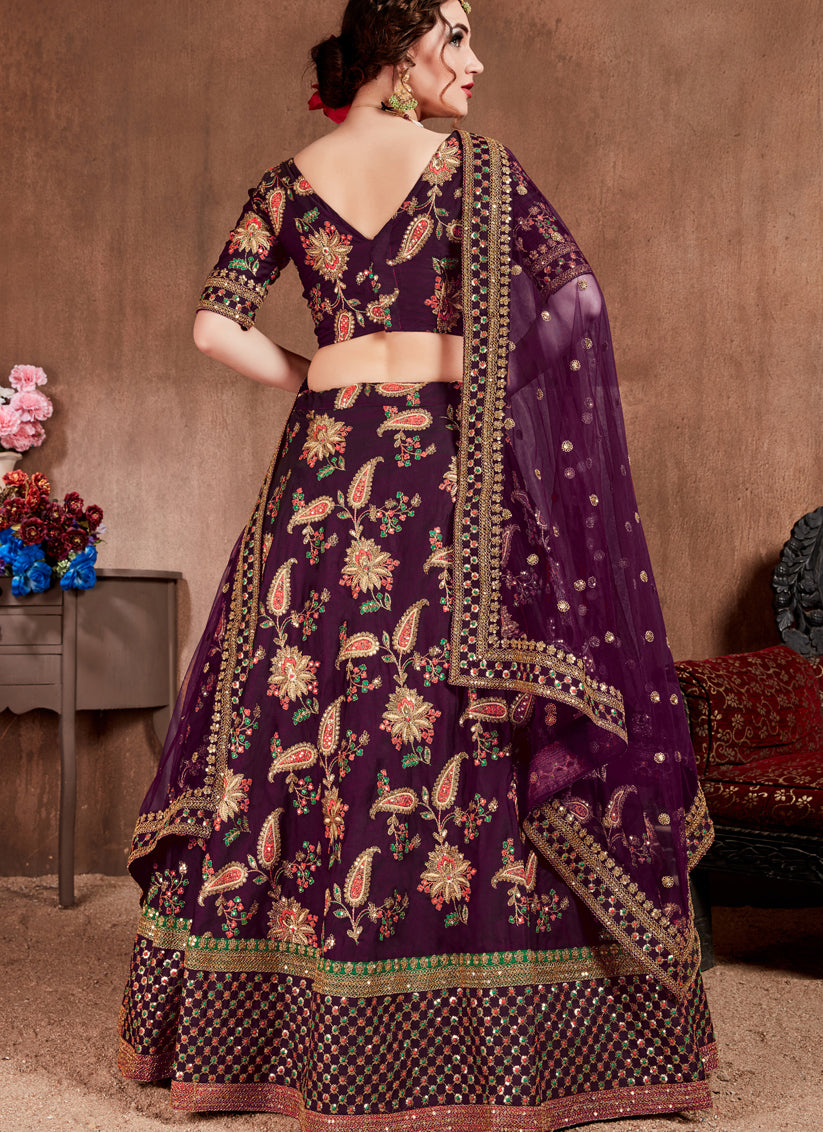 Dark Purple Taffeta Silk Bridal Lehenga Choli