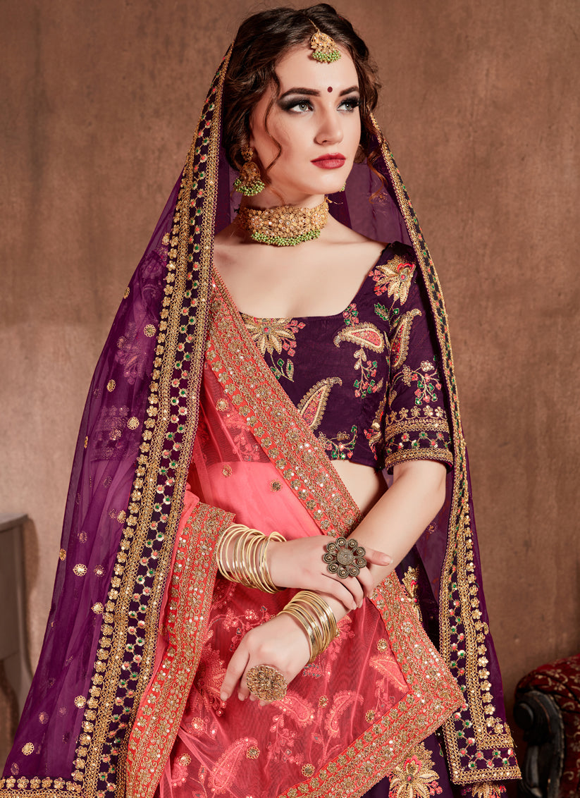 Dark Purple Taffeta Silk Bridal Lehenga Choli