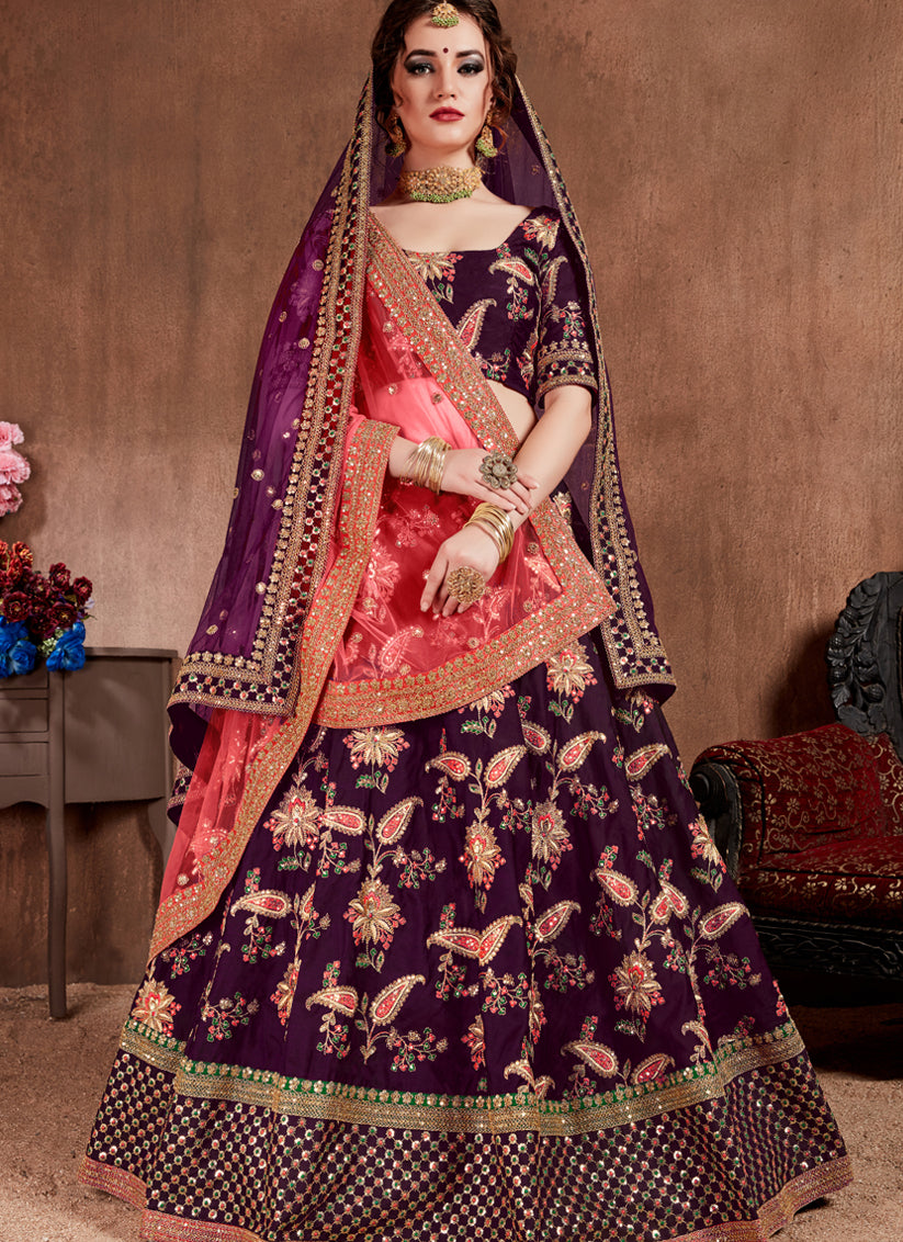 Dark Purple Taffeta Silk Bridal Lehenga Choli