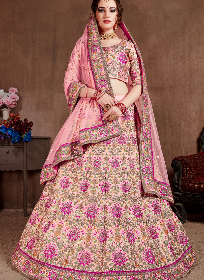 Pastel Pink Taffeta Silk Bridal Lehenga Choli