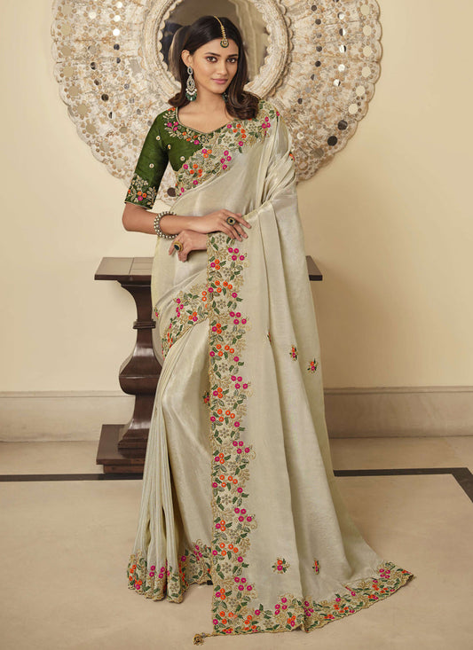 Beige Viscose Embroidered Wedding Saree