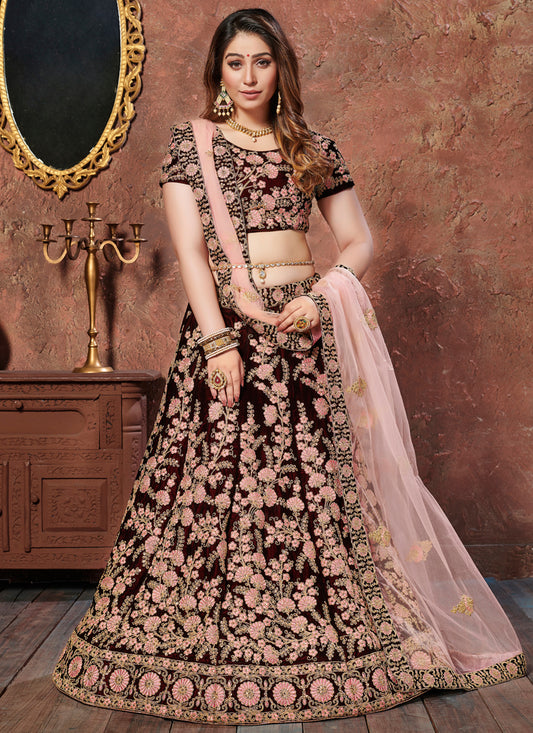 Maroon Velvet Embroidered Wedding Lehenga Choli