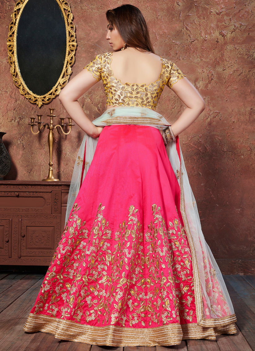 Yellow and Pink Mulberry Silk Embroidered Wedding Lehenga Choli