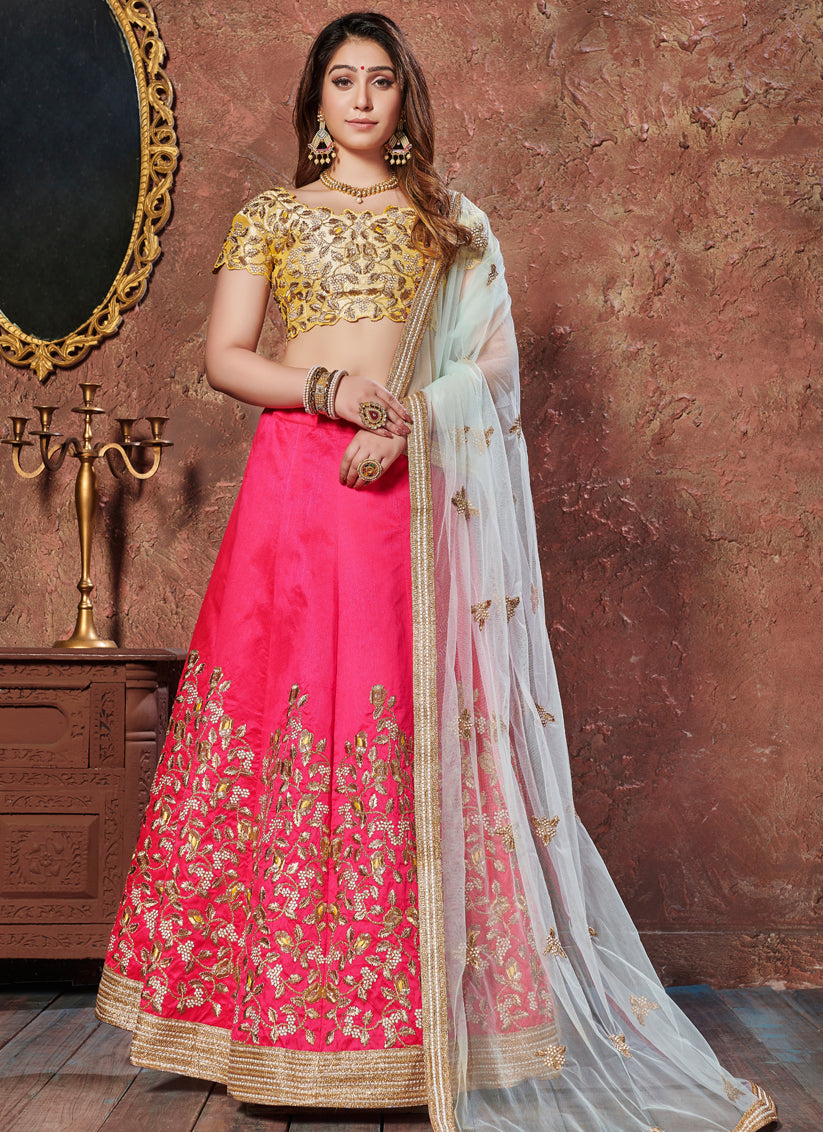 Yellow and Pink Mulberry Silk Embroidered Wedding Lehenga Choli