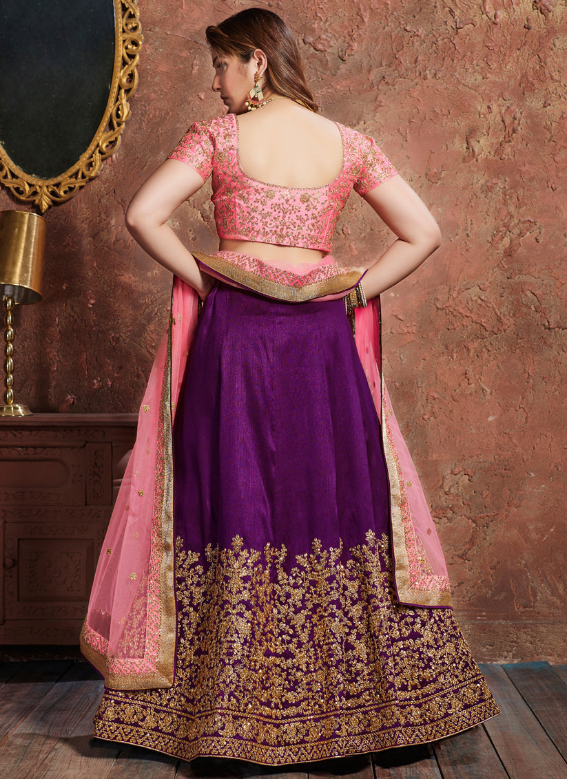 Purple Mulberry Silk Embroidered Wedding Lehenga Choli