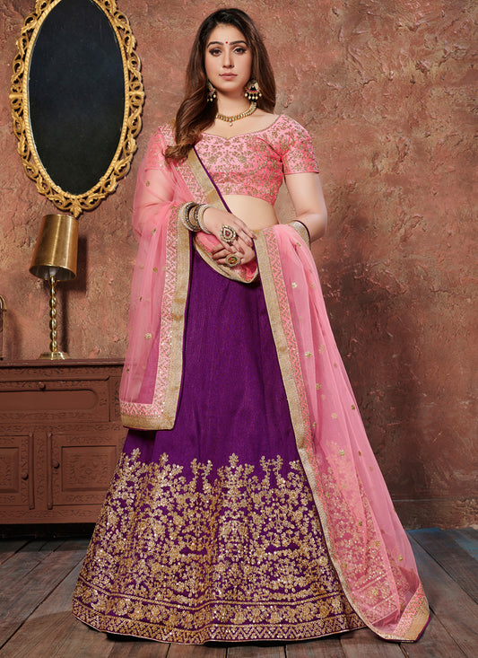 Purple Mulberry Silk Embroidered Wedding Lehenga Choli