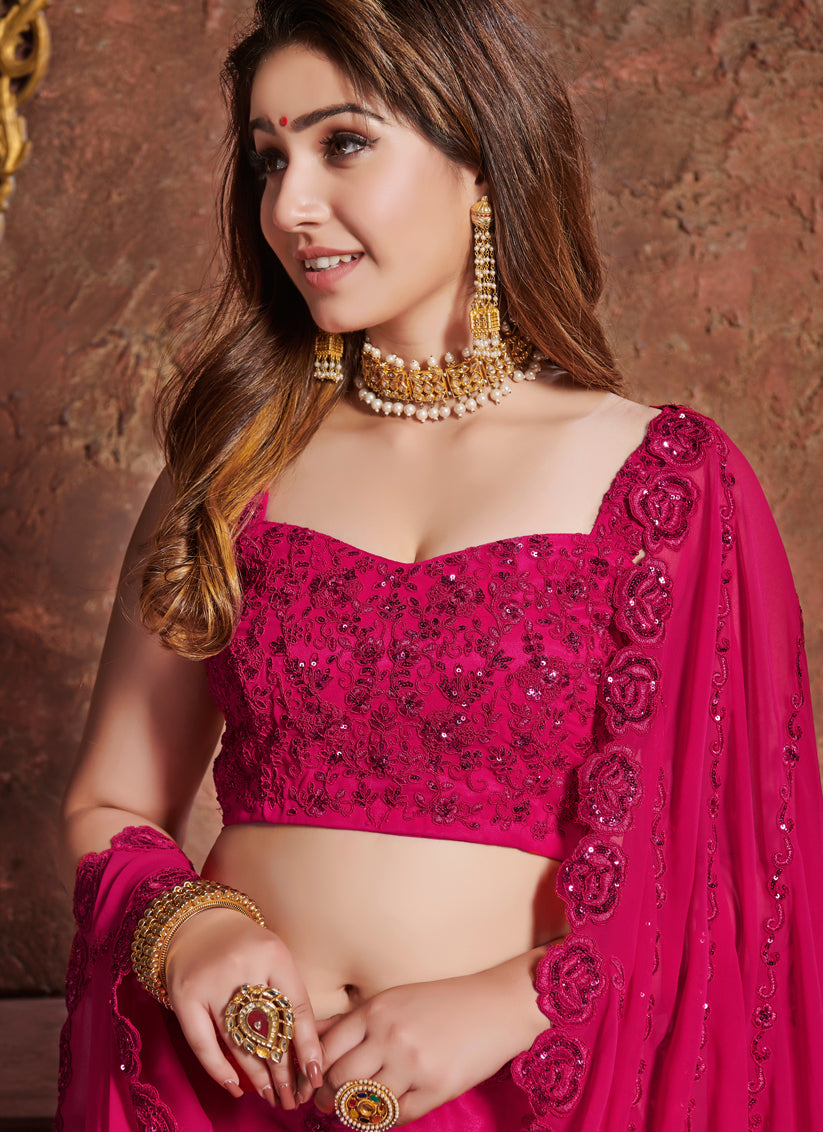 Pink Georgette Embroidered Wedding Lehenga Choli