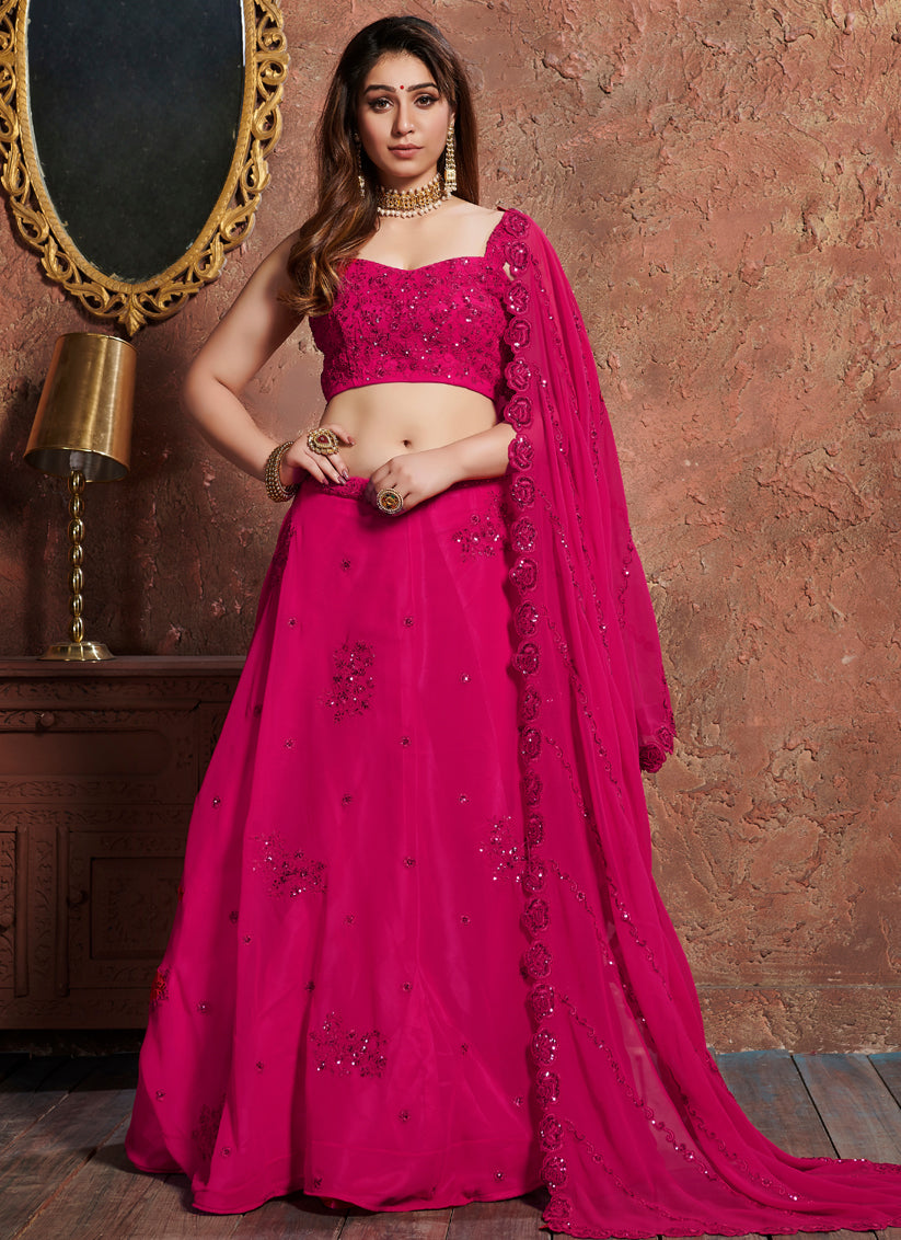 Pink Georgette Embroidered Wedding Lehenga Choli