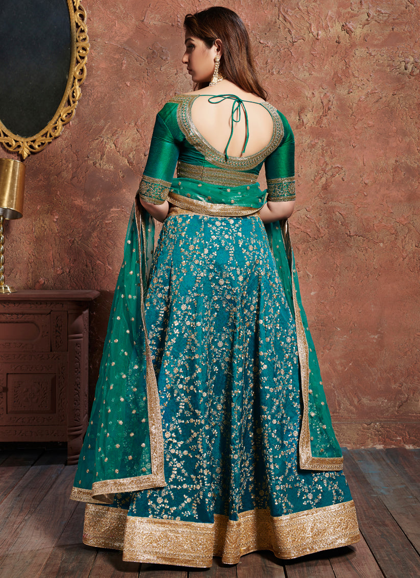 Turquoise Art Silk Embroidered Wedding Lehenga Choli