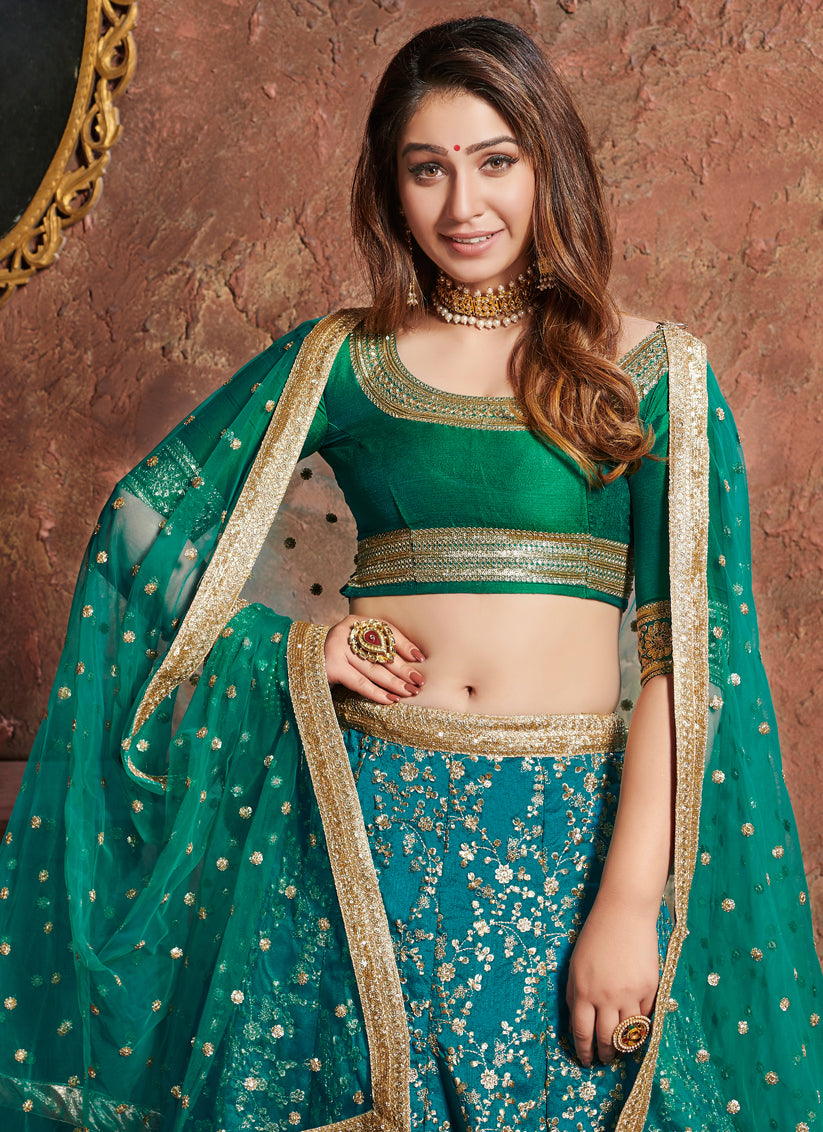 Turquoise Art Silk Embroidered Wedding Lehenga Choli