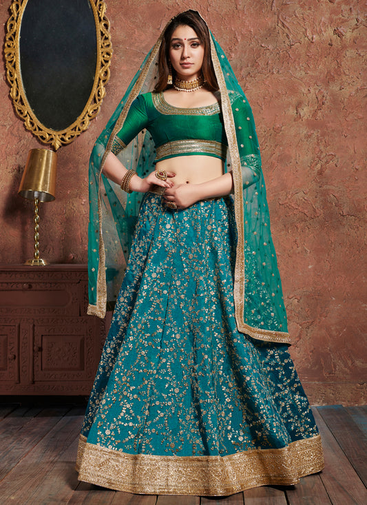 Turquoise Art Silk Embroidered Wedding Lehenga Choli