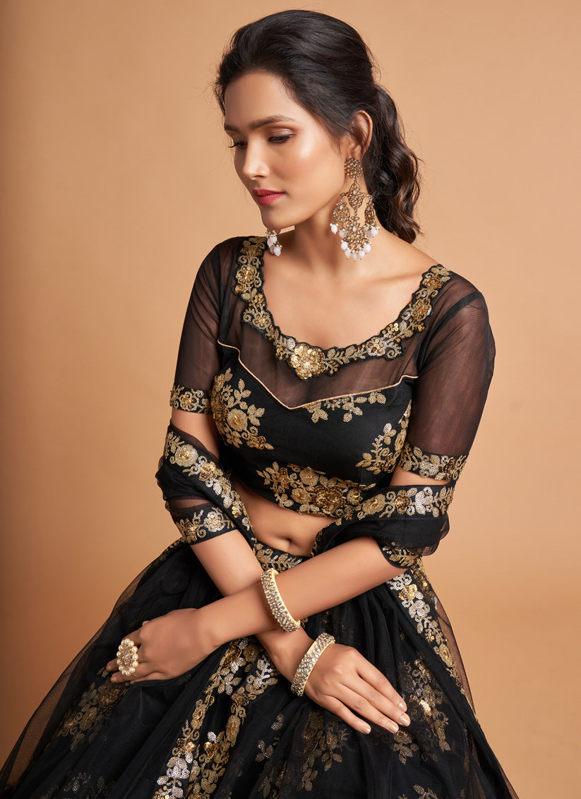 Black Net Embroidered Designer Lehenga Choli