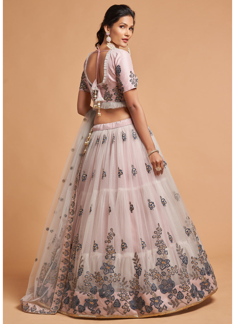 Ash Grey Net Embroidered Designer Lehenga Choli