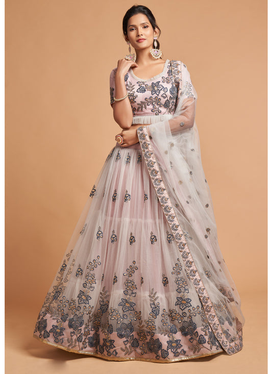 Ash Grey Net Embroidered Designer Lehenga Choli