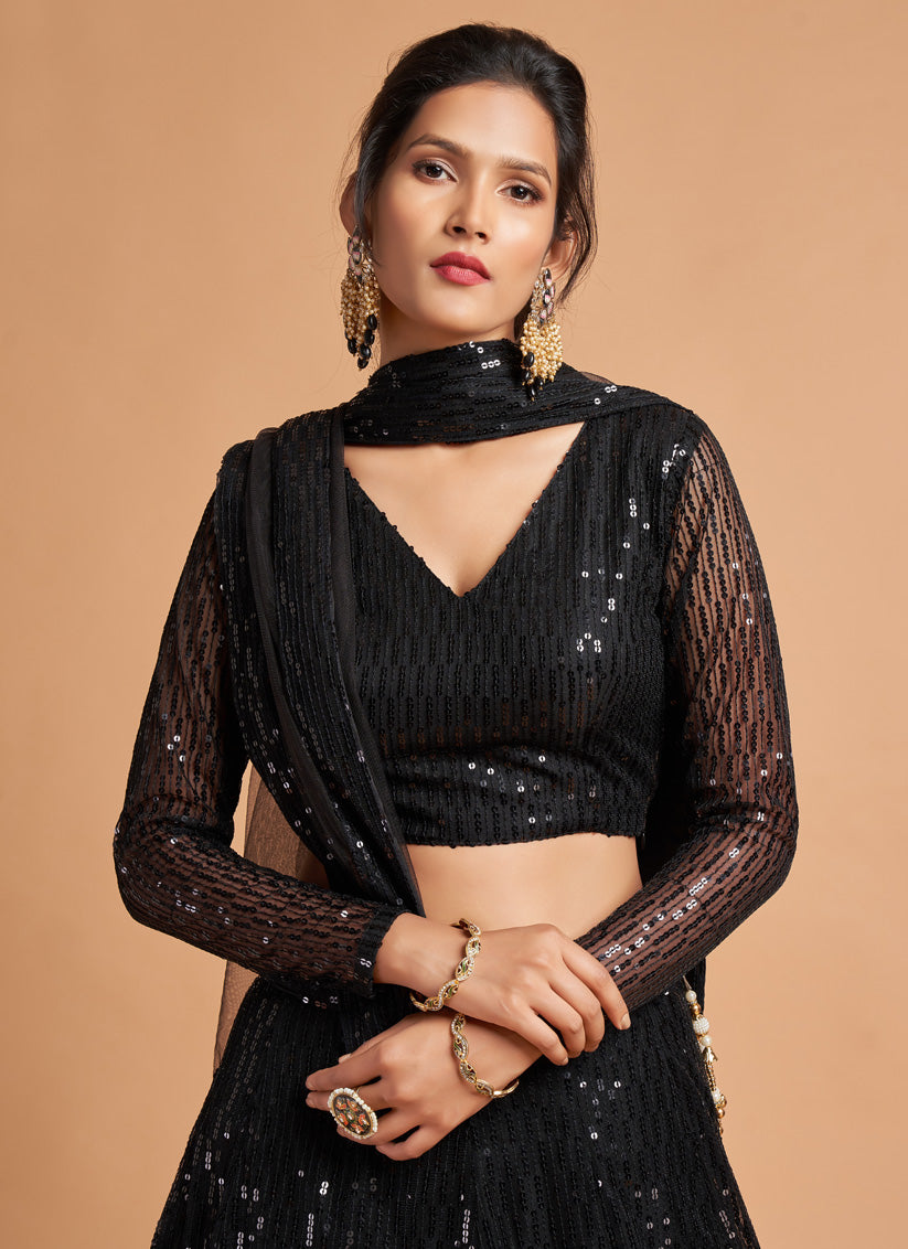 Black Net Embroidered Designer Lehenga Choli